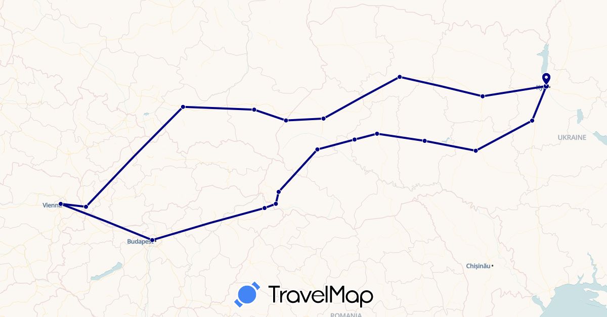 TravelMap itinerary: driving in Austria, Hungary, Poland, Slovakia, Ukraine (Europe)